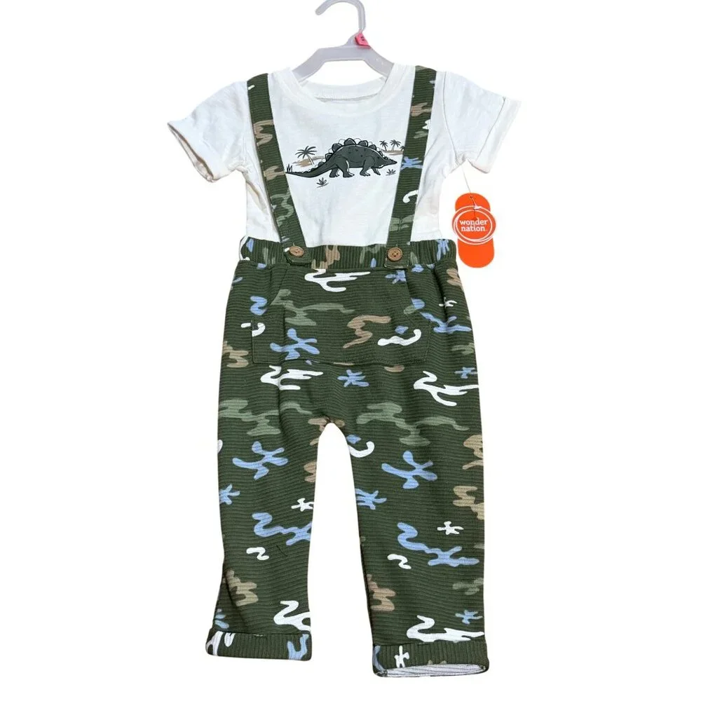 NWT Wonder Nation Baby Boys 18M‎ 2-Piece Outfit Set Dinosaur Shirt & Suspenders